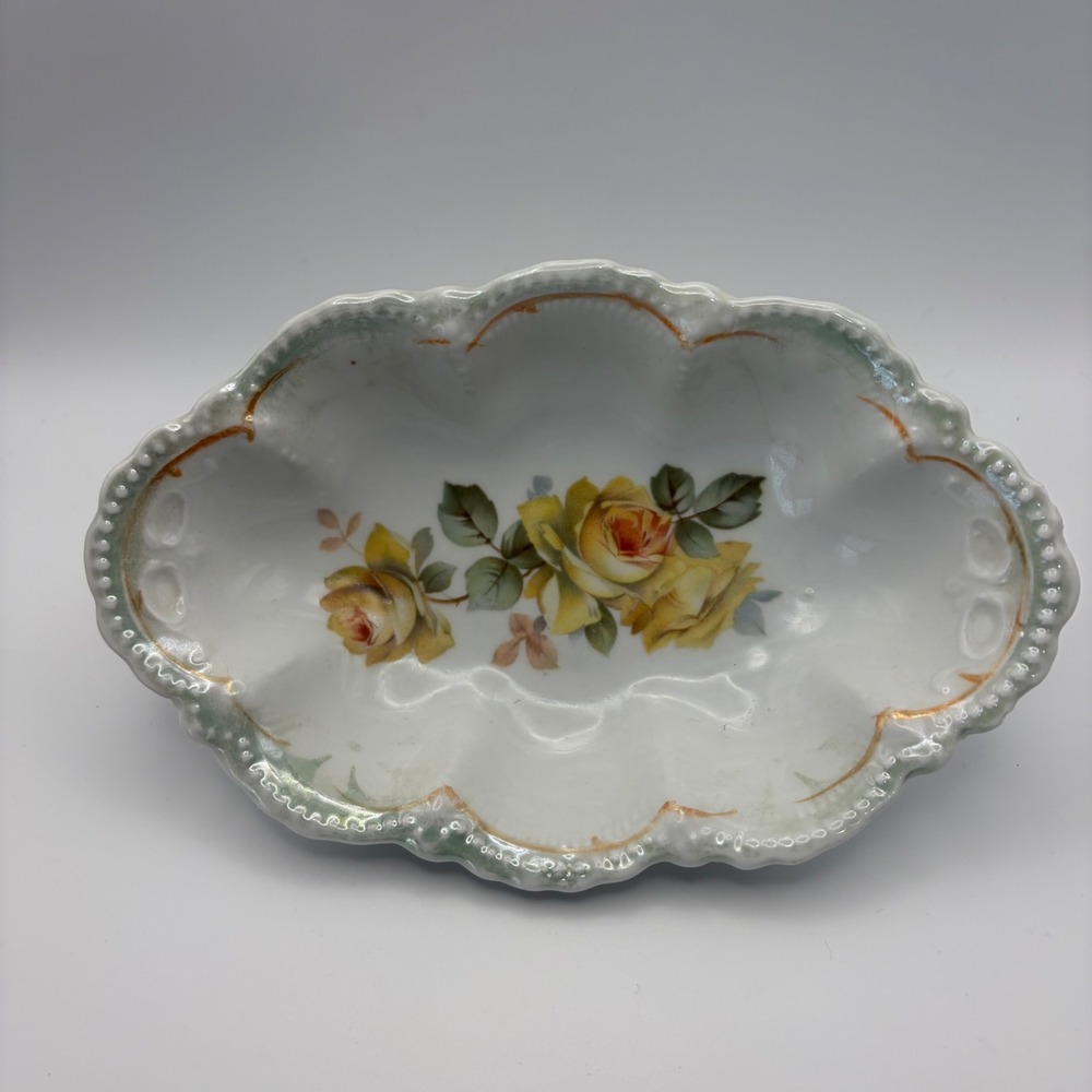 Leuchtenburg Germany Porcelain Bowl Yellow Roses Scalloped Edge Vintage